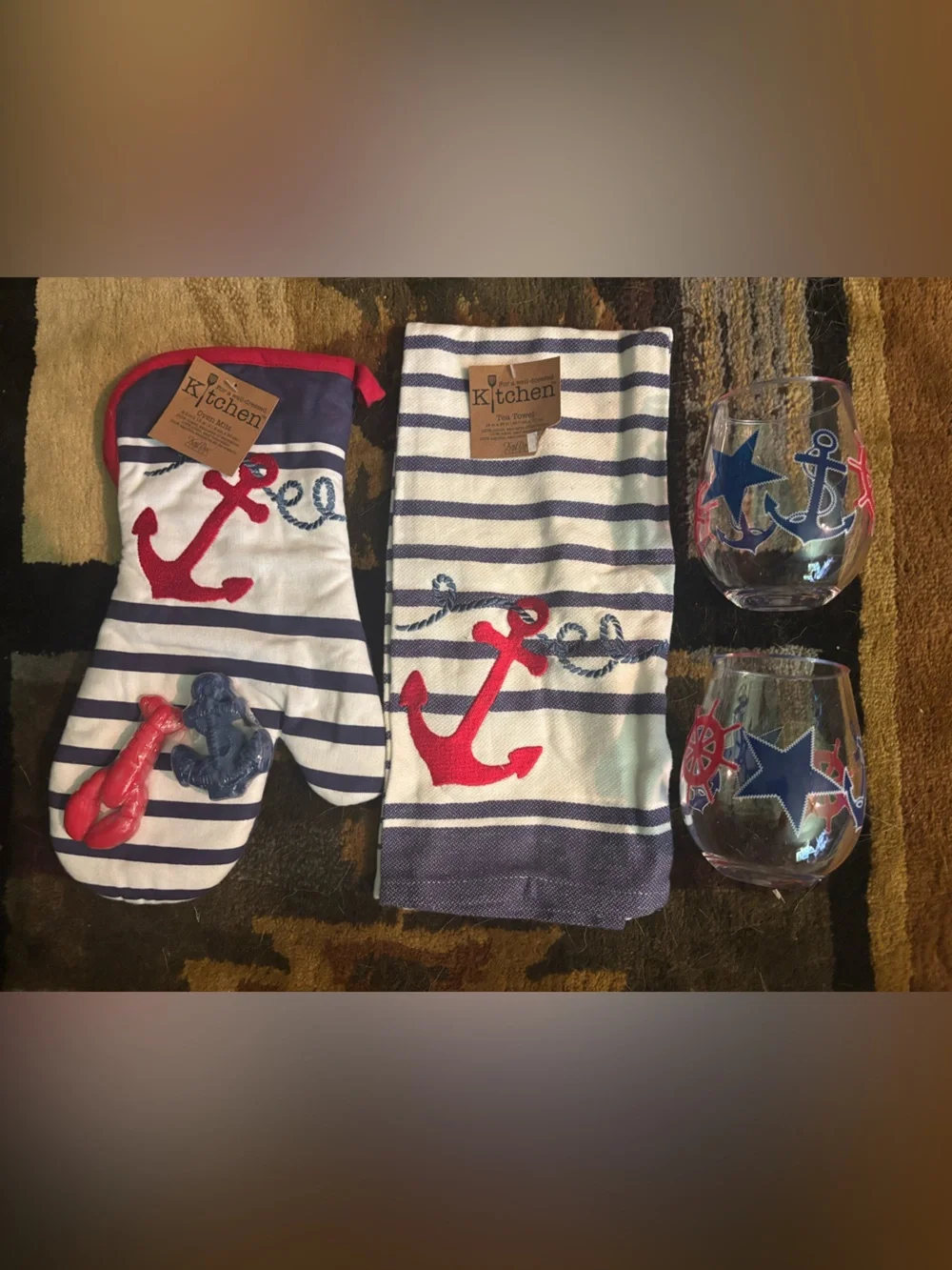 Nautical Oven Mitt & Towel Set - Red, Navy, White